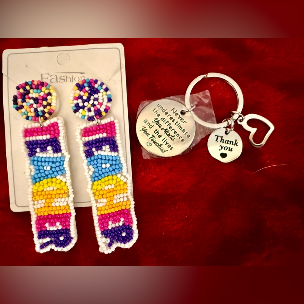 Colorful Beaded teacher earrings  and key chain